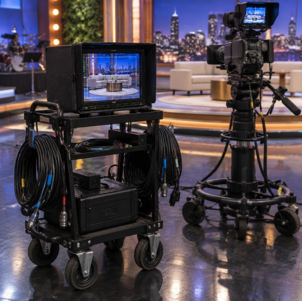 Camera cart with a monitor on a show set