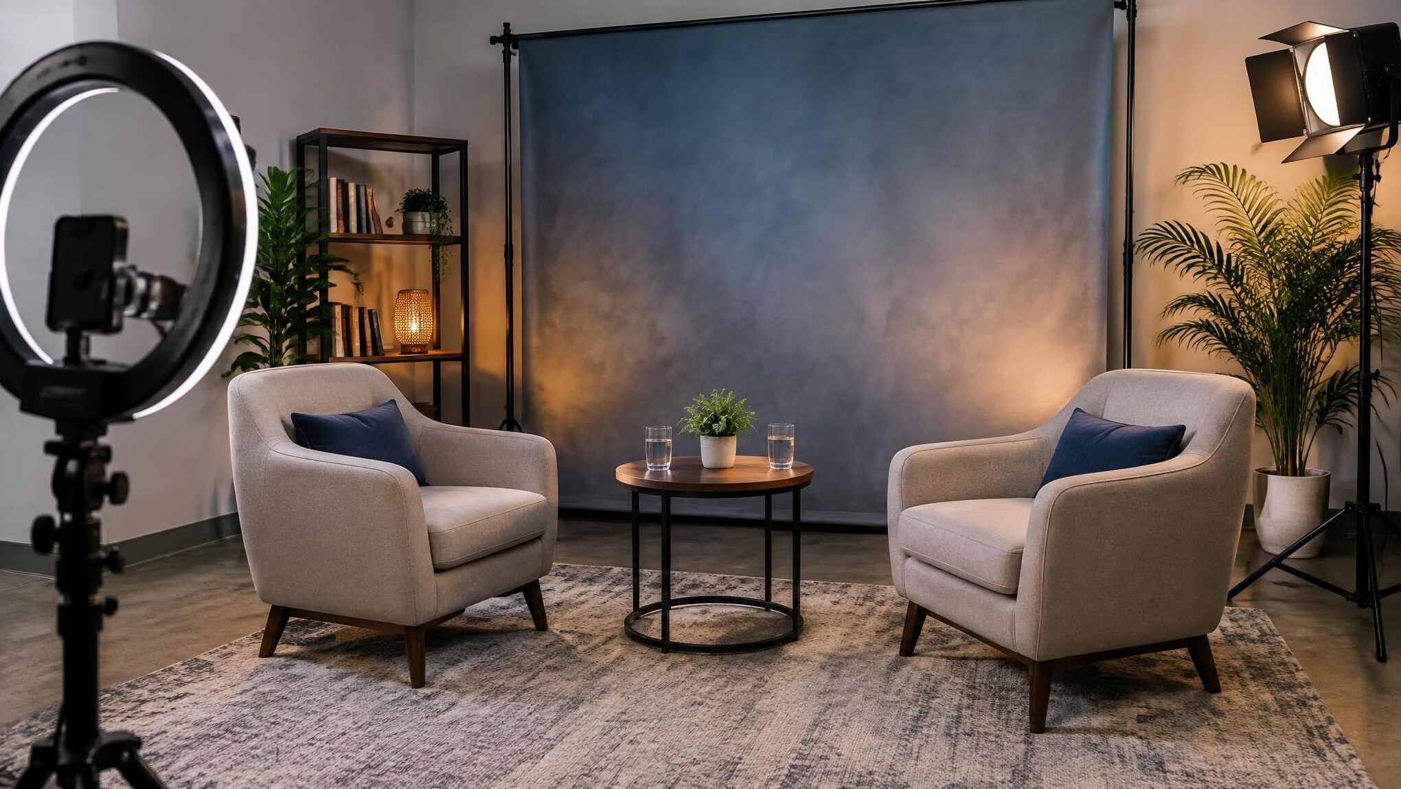 Interview set with two chairs and a ring light ready for filming