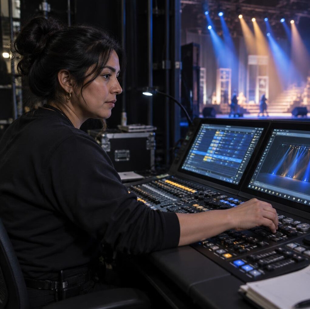 Lighting designer working at a lighting control console
