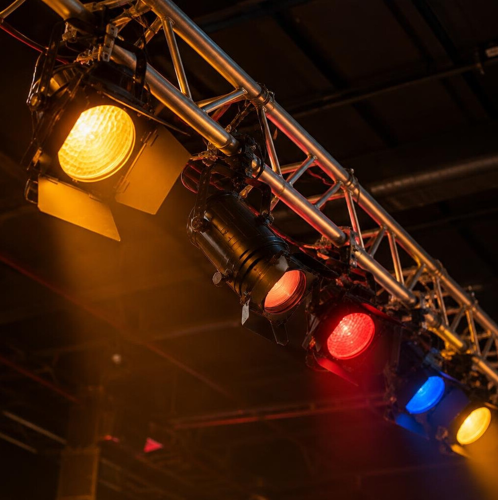 Close-up of a stage lighting rig with colored gels