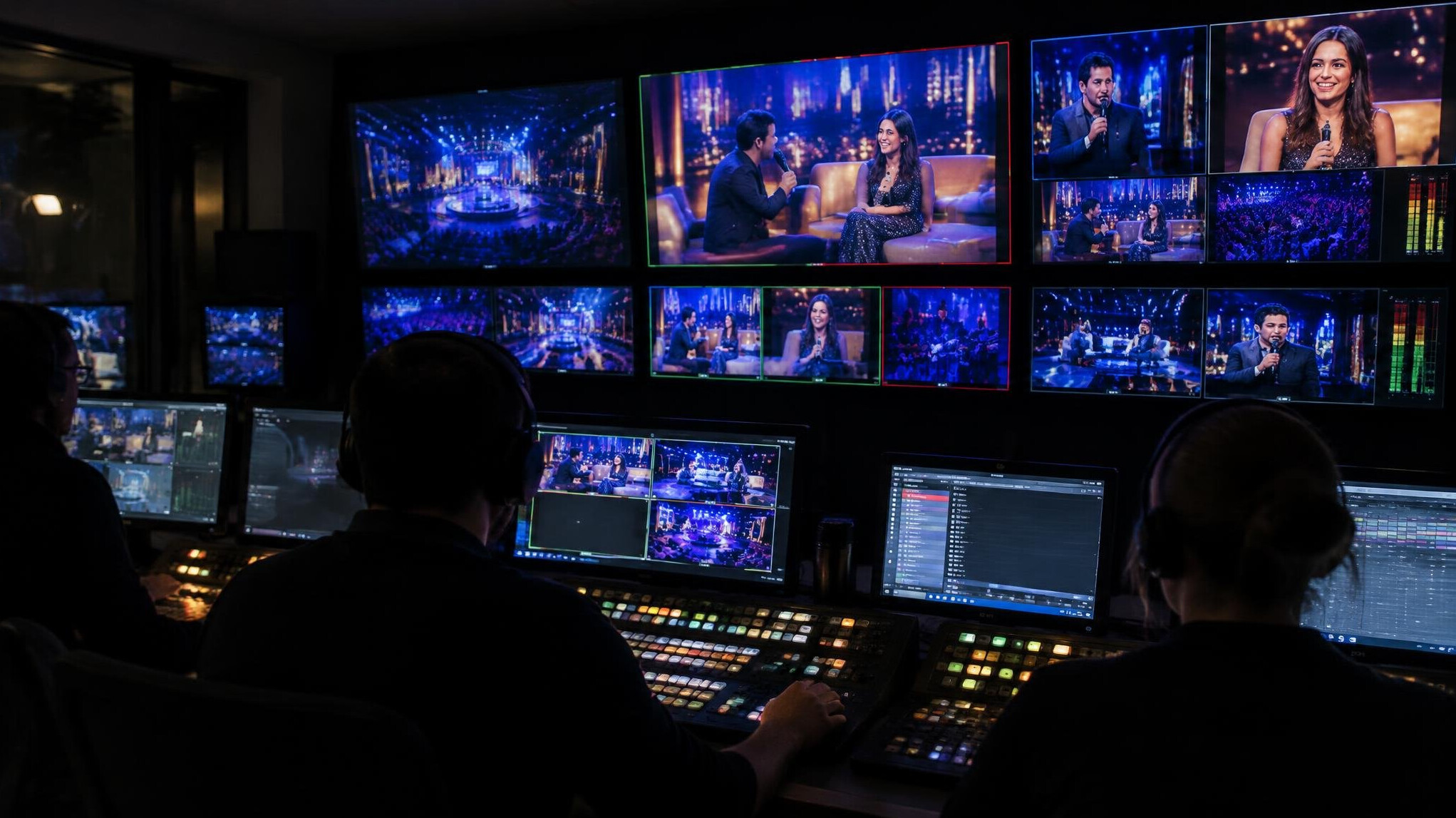 Control room with video monitors during a live show broadcast