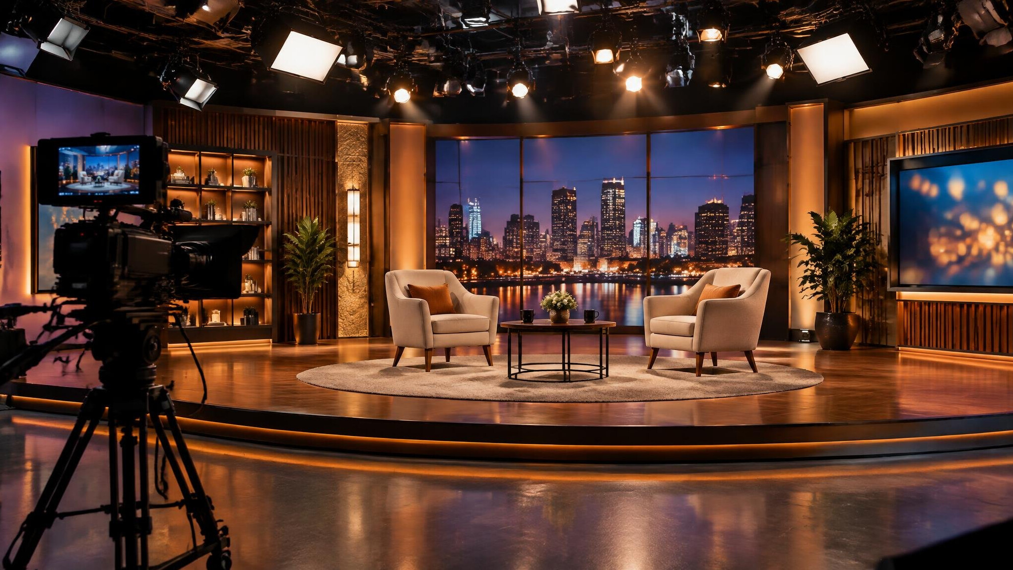Television studio stage with spotlights and interview chairs set up for a live show