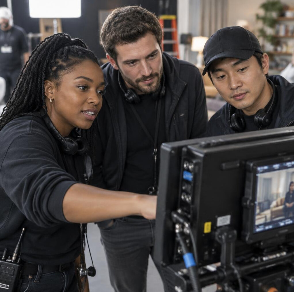 Diverse production crew reviewing camera angles together