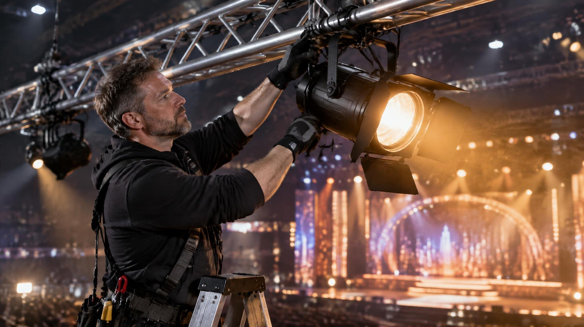 Lighting technician adjusting a spotlight rig above a stage