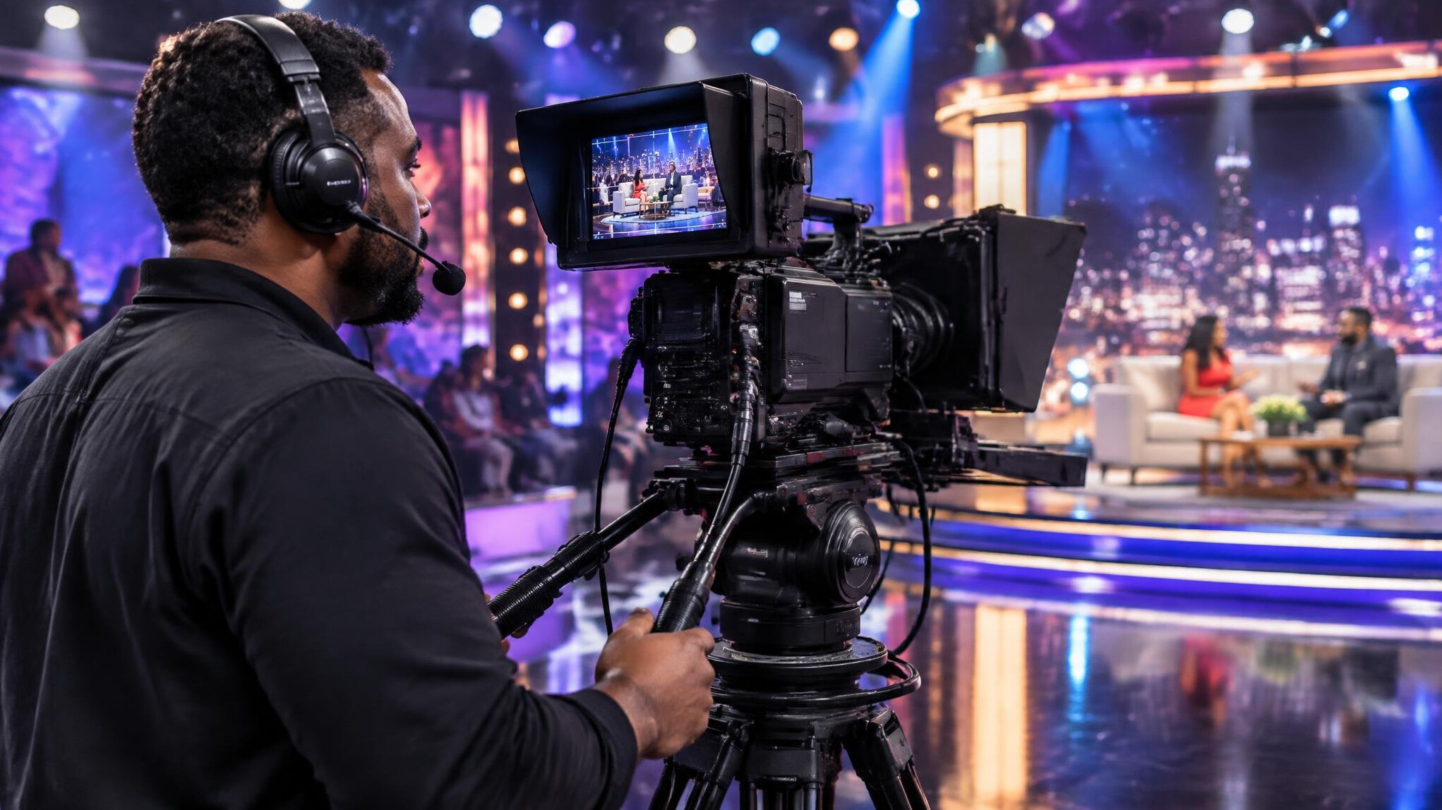 Camera operator framing a shot on a television show set