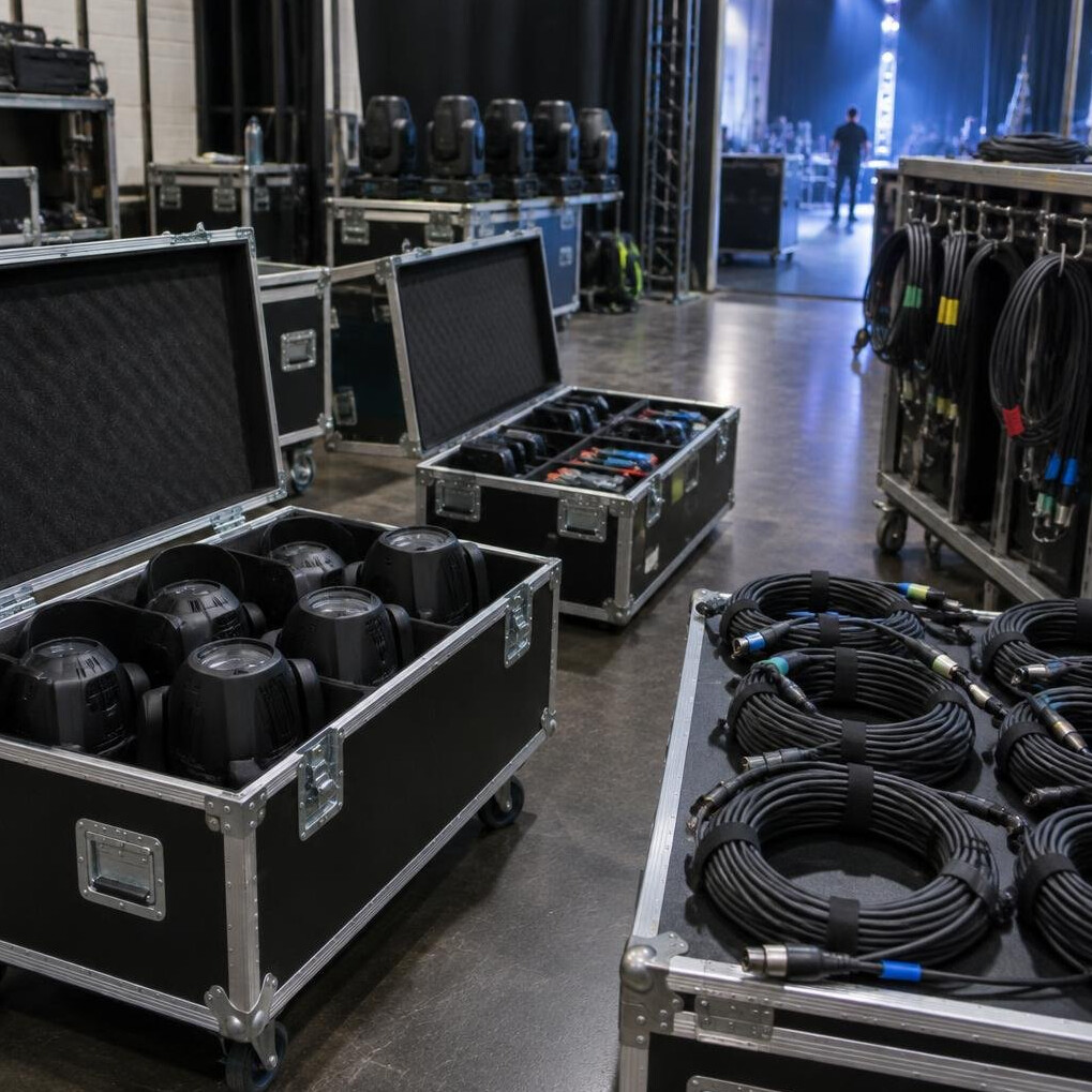 Backstage preparation with equipment cases and cables